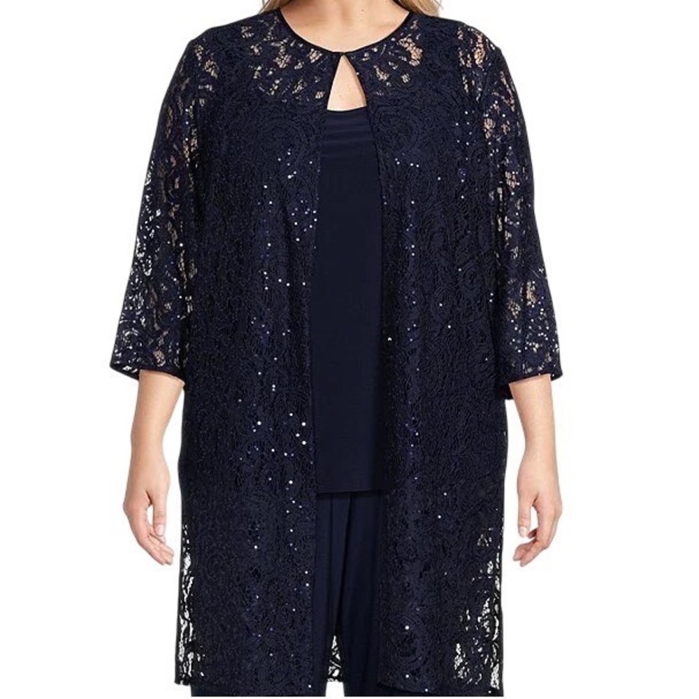 NWT Alex Evenings Womens Navy Sequin Lace Open Front Jacket Topper Cape Size 1X